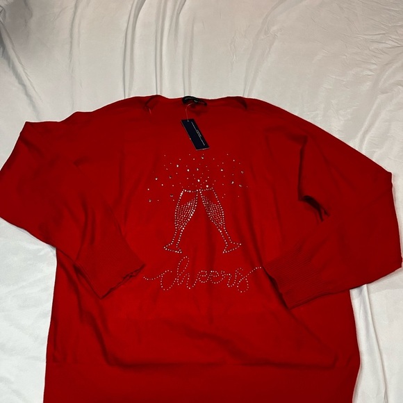 Adrienne Vittadini Red Crewneck Sweater with Cheers Design - Picture 1 of 4